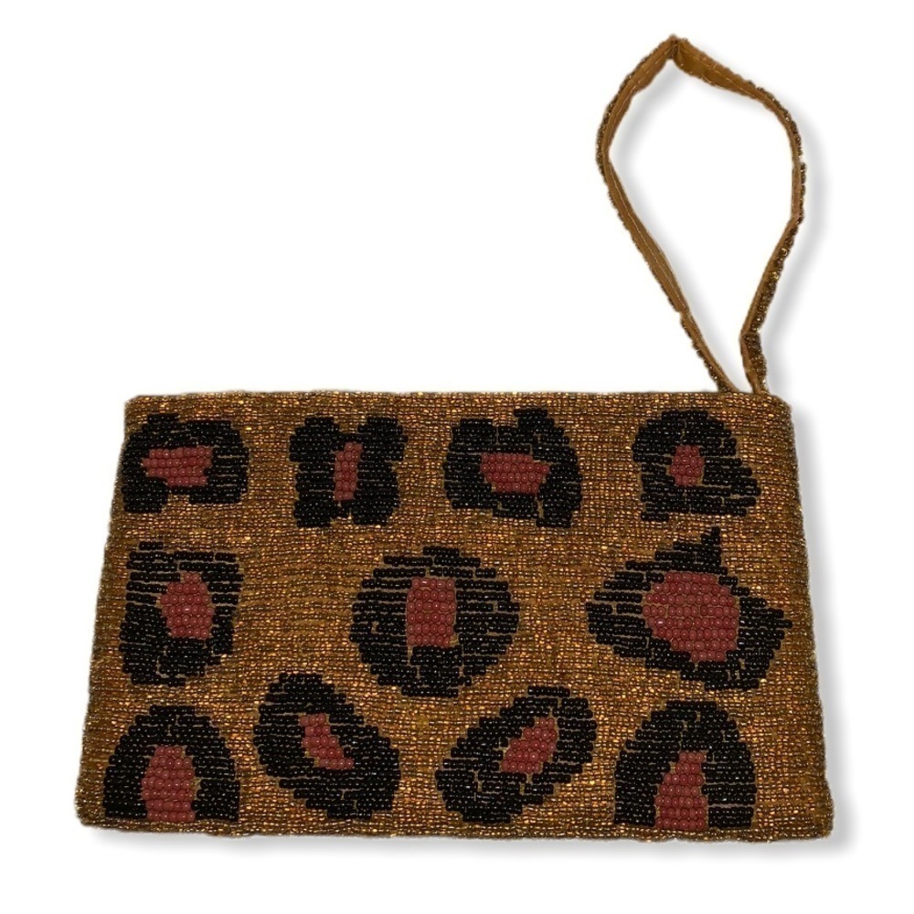 Vintage Animal Black Brown Gold Bead Clutch Wristlet Bag Purse Wallet‎ Women